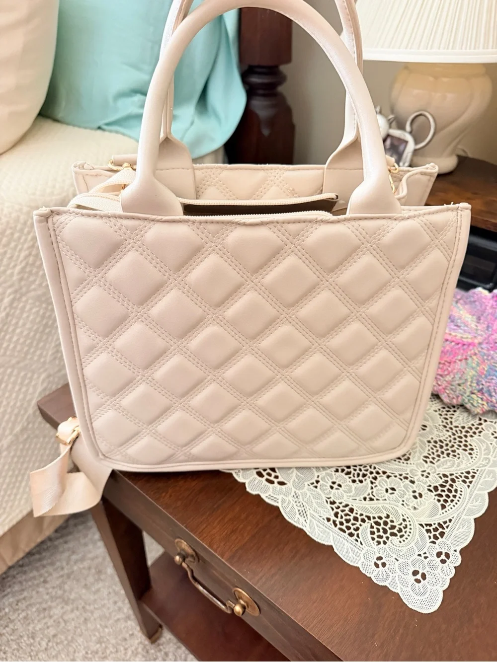 Quilted Light Beige Satchel with Detachable Strap